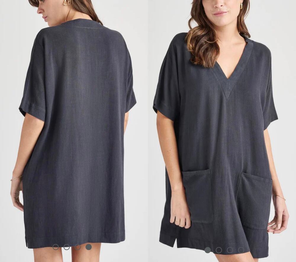 Splendid Black Linen Blend Shirt Dress Lagenlook V-Neck Boxy Fit Minimalist M